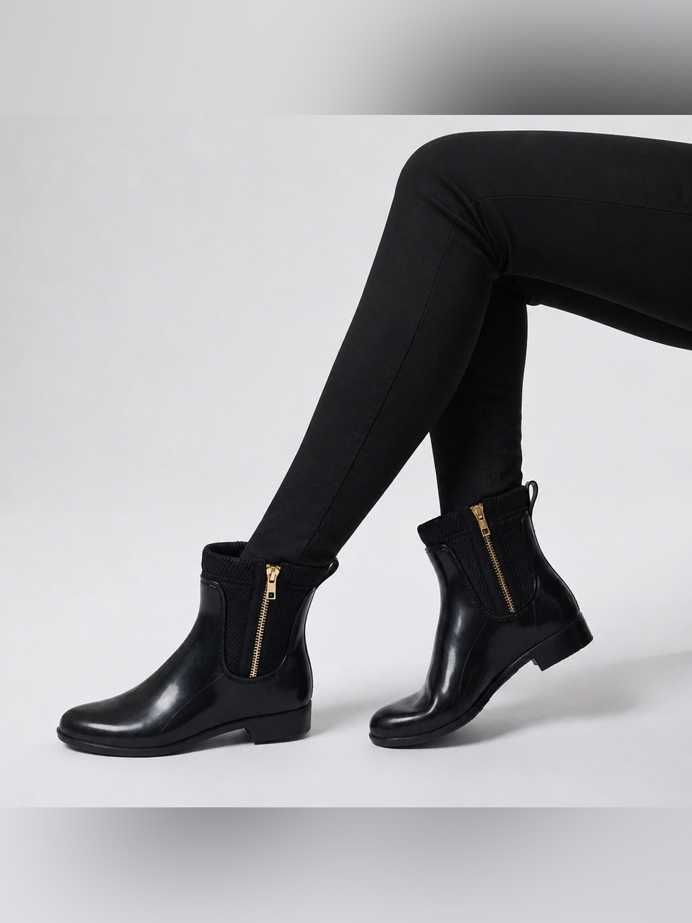 Cougar Black Ankle Rain Boots | Gold Zipper |Waterproof Low Heel Booties